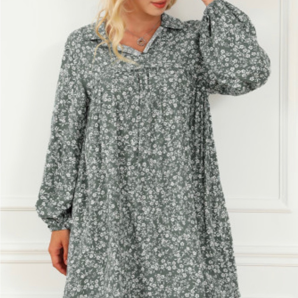 Green Floral Print Collared Puff Sleeve Babydoll Dress